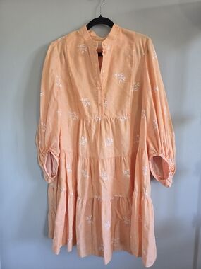 ERDEM Peach Tiered Midi Dress with White Embroidery